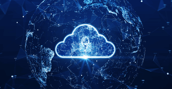 Glowing cloud with lock representing the safety and security of cloud hosted data