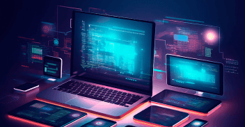 Deck of the glowing computer screens of computer scientists 