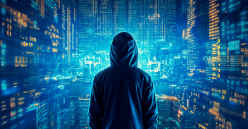 Hacker in a hoodie looking at virtual data in response to incident