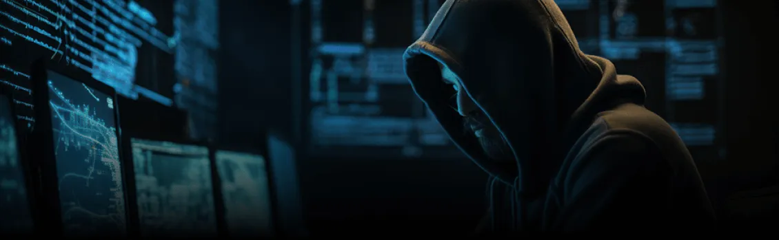 Hacker at work in front of screen invoking threats